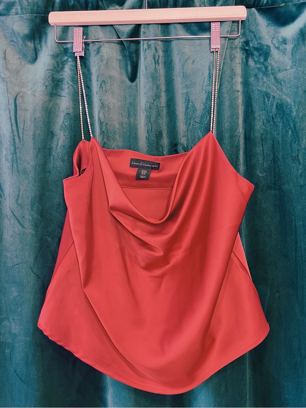 House of Harlow 1960 Rust/Orange Satin Cowl Neck Camisole With Rhinestone Straps